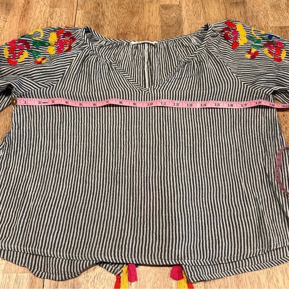 Floreat Soleil floral embroidered striped cotton peasant top w/ tassels Size XSP - Picture 10 of 13